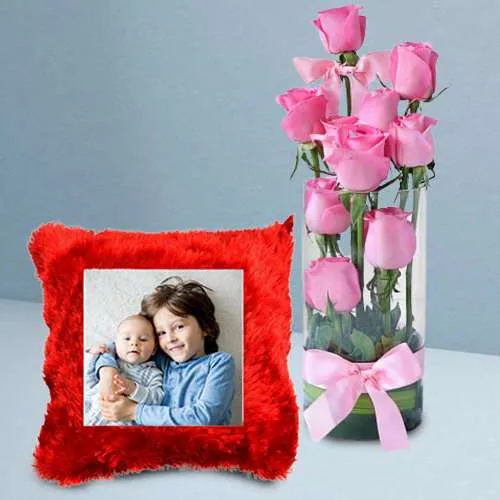 Lovely Personalized Cushion with Pink Roses in Glass Vase	