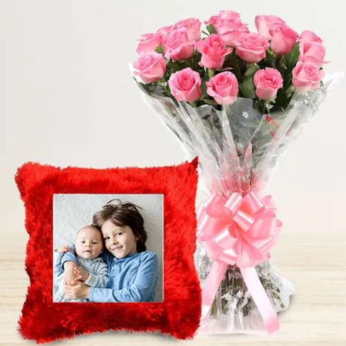 Breathtaking Gift of Pink Rose Bouquet with Personalized Cushion	