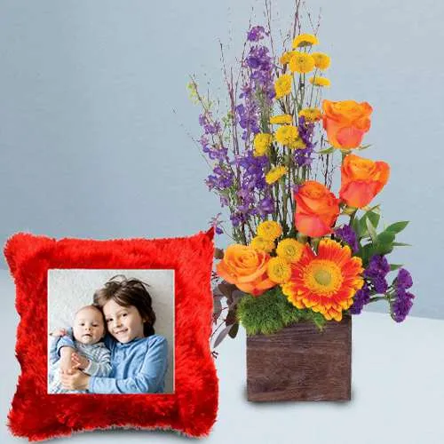 Special Gift of Mixed Floral Arrangement with Personalized Cushion	