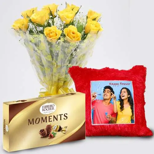 Cheerful Yellow Rose Bouquet with Personalized Cushion n Ferrero Moments	