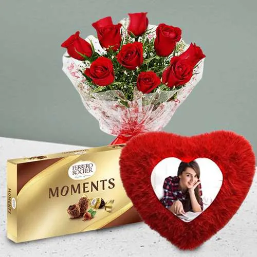 Beautiful Gift of Personalized Cushion with Red Rose Bouquet n Ferrero Moments	