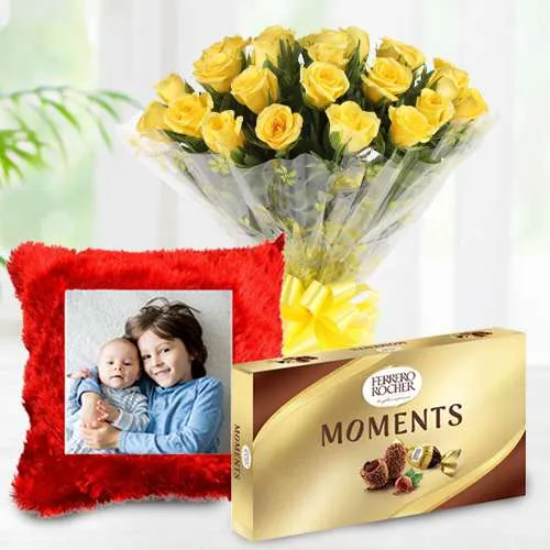 Magnificent Combo of Yellow Rose Bouquet with Personalized Cushion n Ferrero Moments	