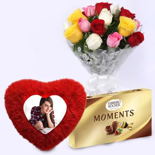Superb Gift of Personalized Cushion with Mixed Rose Bouquet n Ferrero Moments	