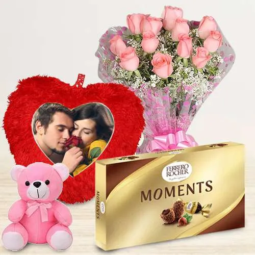 Splendid Personalized Cushion n Rose Bouquet with Ferrero Moments n Teddy