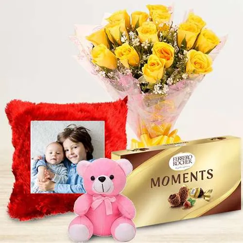 Impressive Personalized Cushion n Yellow Rose Bouquet with Ferrero Moments n Teddy