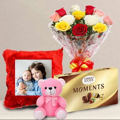 Breathtaking Mixed Roses N Personalized Cushion with Ferrero Moments N Teddy	