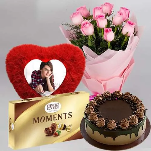 Amazing Combo of Personalized Cushion n Pink Rose Bouquet with Ferrero Moments n Choco Cake 	