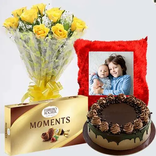 Exciting Selection of Yellow Rose Bouquet n Personalized Cushion with Ferrero Moments n Choco Cake		