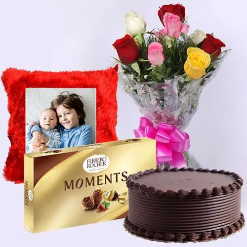 Amazing Roses Bouquet n Personalized Cushion with Ferrero Moments n Chocolate Cake	