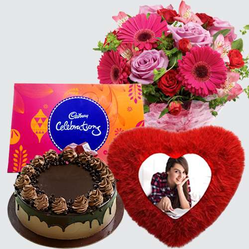Cheerful Mixed Flowers Bouquet n Personalized Cushion with Ferrero Moments n Choco Cake Combo	
