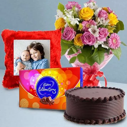 Wonderful Flower Bouquet n Personalized Cushion with Cadbury Celebration n Chocolate Cake	