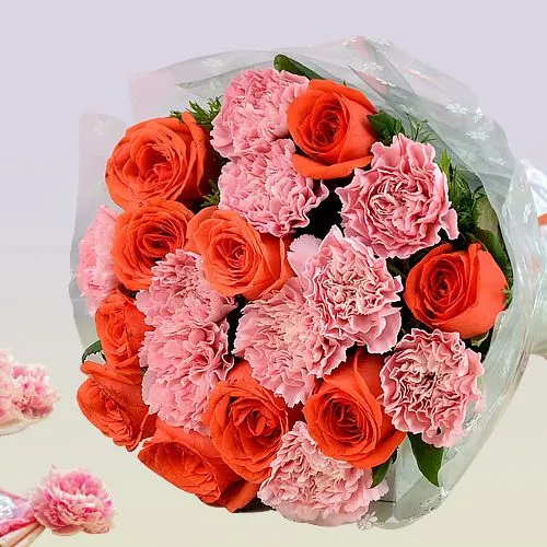 Passionate Pink Carnations N Orange Roses Bouquet