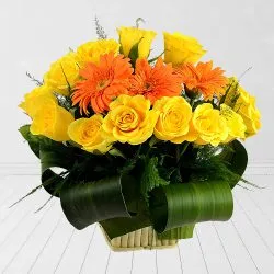 Eye-Catching Yellow Roses N Orange Gerberas Basket