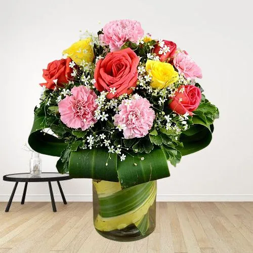 Beautiful Display of Roses N Carnations in Basket	