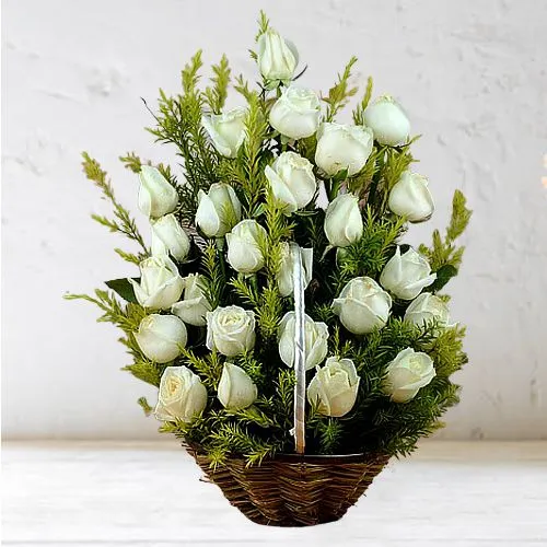 Artful Display of White Roses in Basket
