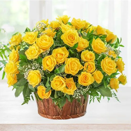 Unique Display of Yellow Roses in Basket with Handle