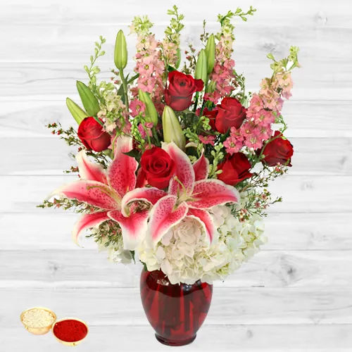 Magnificient bouquet of fresh Lilies with free Roli Tilak and Chawal
