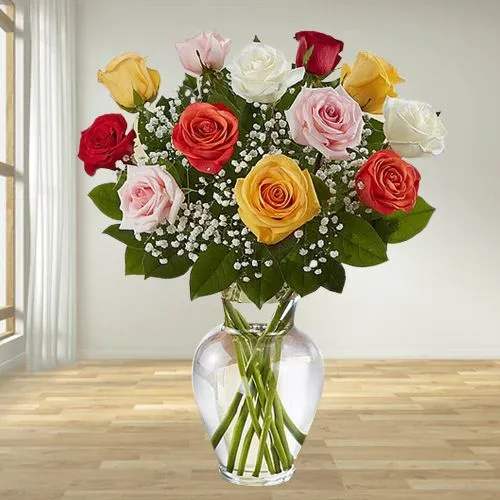 Classic Array of Mixed Roses with Greens in Vase	