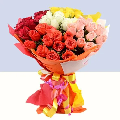 Impressive Mixed Roses Bunch with Colorful Paper Wrap