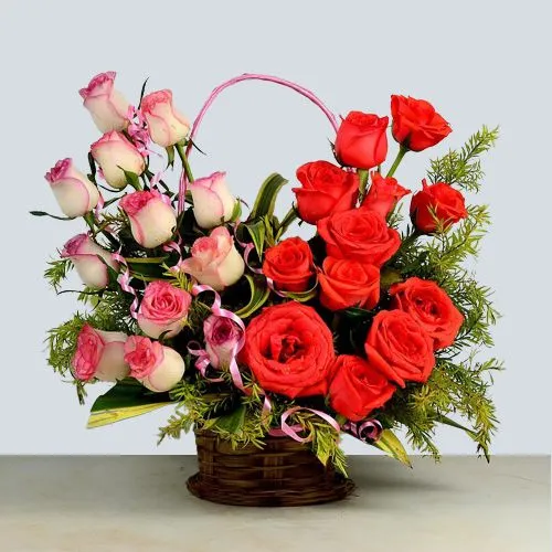 Charming Pink N Red Roses with Greens in a Basket