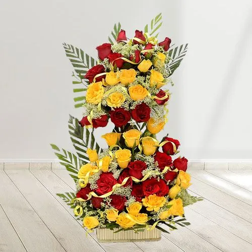 Gorgeous Red N Yellow Roses Tall Basket Arrangement	