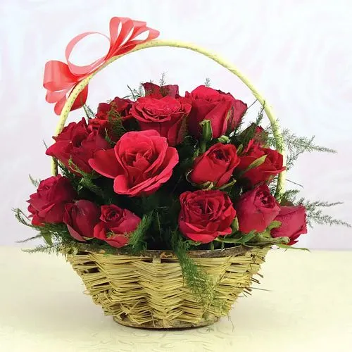 Lovely Red Roses with Fillers in a Basket	
