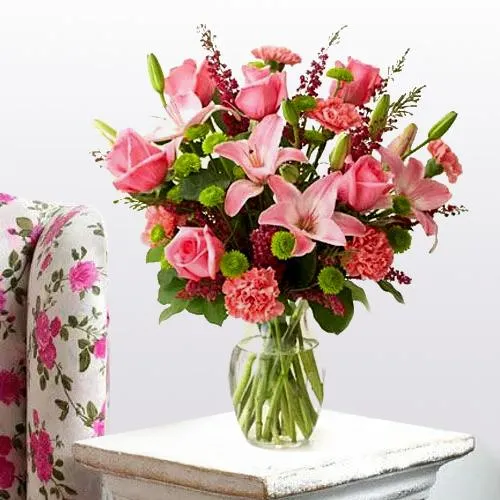 Pretty Arrangement of Lilies, Roses and Carnations with Â Pure Passion
