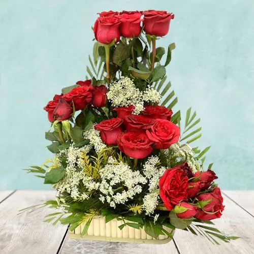 Gorgeous Red Roses with White Fillers in a Basket