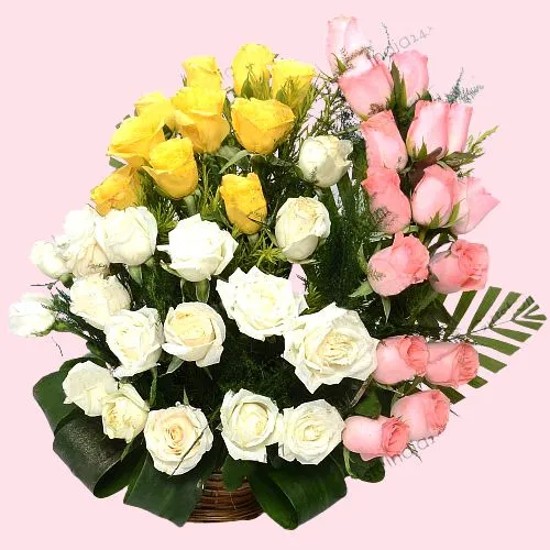 Bright Array of Pink White N Yellow Roses in Basket