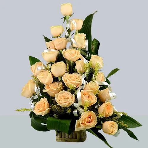 Breathtaking Collection of Peach Roses in Basket