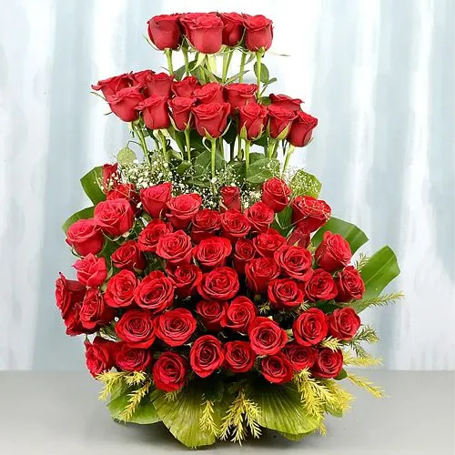 Classic Tall Basket of Red Roses with Leaves