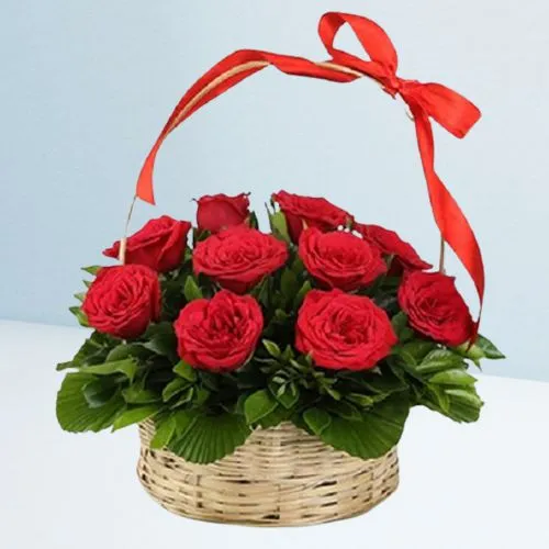 Fresh Basket Full of Red Roses with Fillers