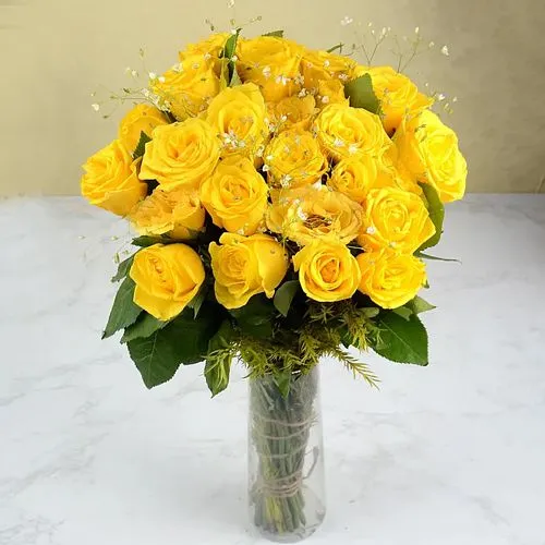 Impressive Yellow Roses with Fillers in Crystal Vase