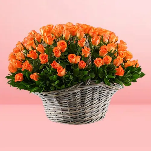 Romantic Arrangement of Orange Roses in Basket