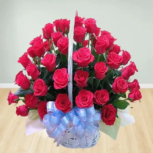 Magnificent Basket of Pink Roses with Green Leaves