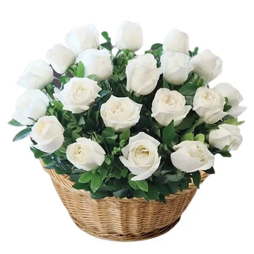 Fabulous Arrangement of Pure White Roses in Basket