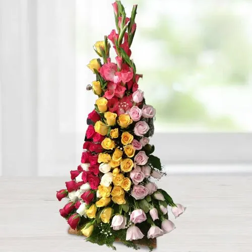 Artistic Tall Arrangement of Assorted Roses N Gladiolus