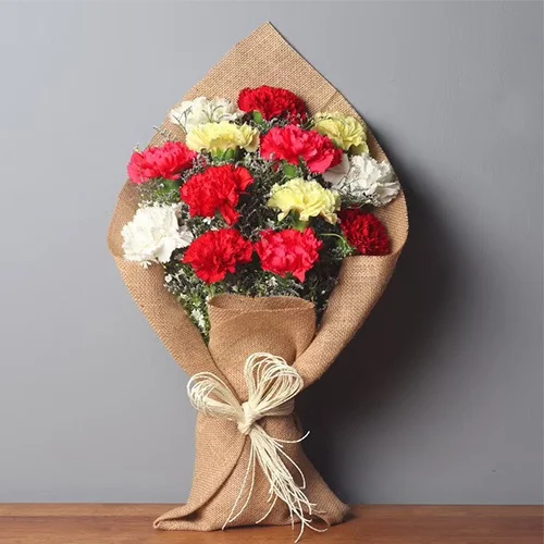 Outstanding Mixed Carnation Bouquet Wrapped with Jute