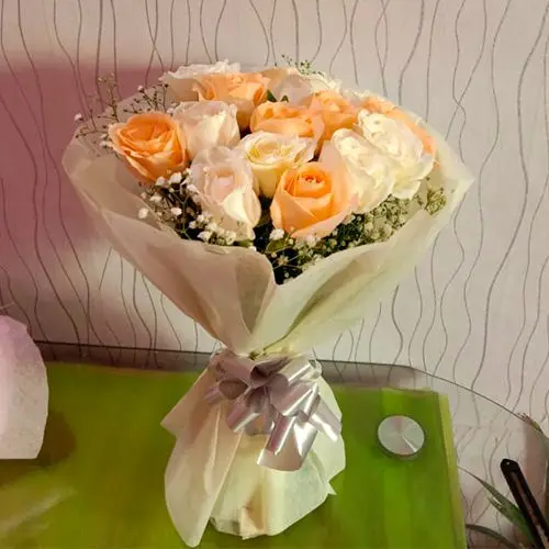 Ravishing Peach N White Roses Bouquet