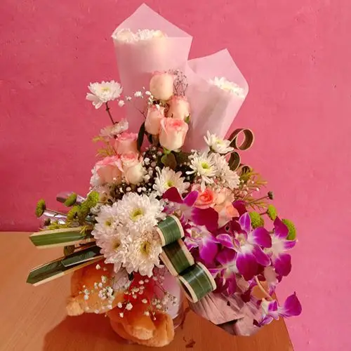 Spectacular Mixed Flowers N Teddy Basket Arrangement