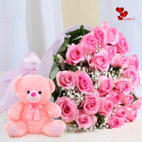 Bouquet of Pink Roses N Teddy for V-Day