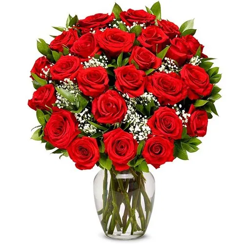 Romantic Deep Dark Red Roses in a Glass Vase