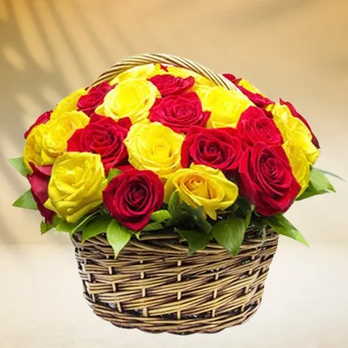 Vibrant Selection of Yellow and Red Coloured Roses in Basket