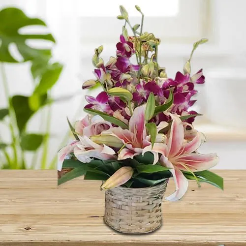 Send Pink Oriental Lilies n Purple Orchids Arrangement