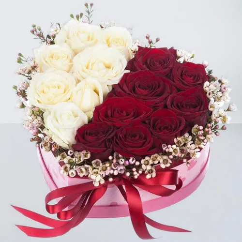 Adorable Red n White Roses in Heart Shape Box