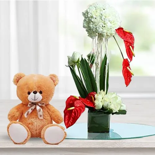 Amazing Fresh Flowers Arrangement in Glass Vase with Teddy