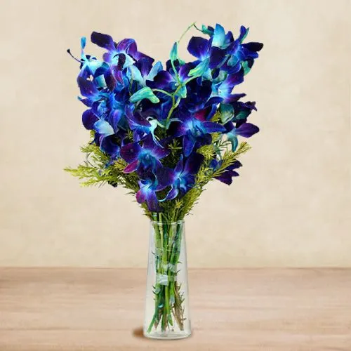 Expressive 12 Blue Orchids in Vase