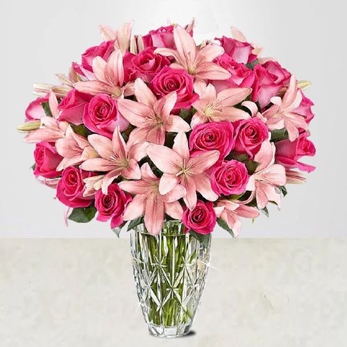 Elegant Vase Full of Pink Lilies n Roses