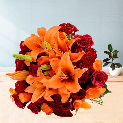 Radiant 30 Roses n Carnations Bunch in Red n Orange Hue