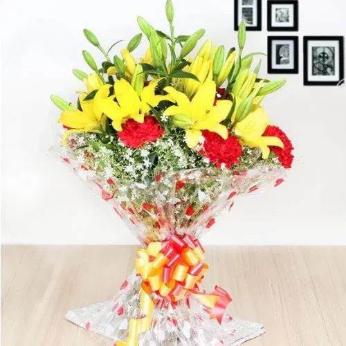 Blooming Red Carnations N Yellow Lilies Bouquet